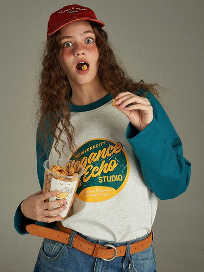 lulugray Retro Colorblock Letter Print Raglan Loose Women&