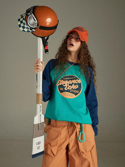 lulugray Retro Colorblock Letter Print Raglan Loose Women&