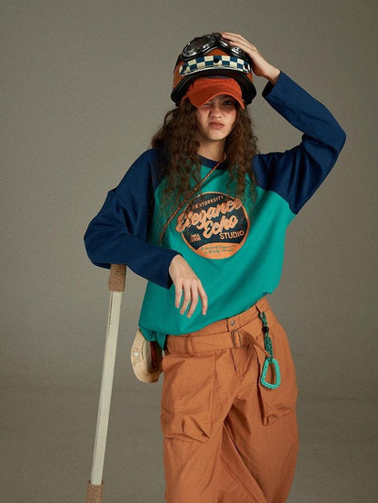 lulugray Retro Colorblock Letter Print Raglan Loose Women&