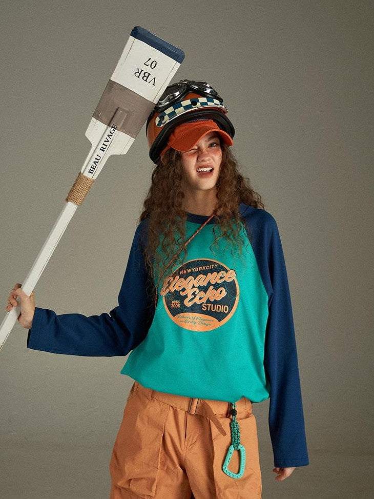 lulugray Retro Colorblock Letter Print Raglan Loose Women&