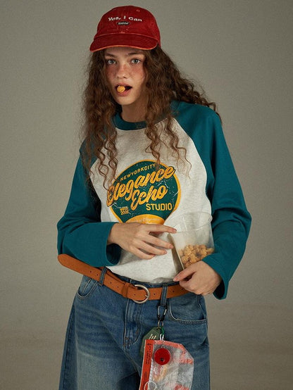 lulugray Retro Colorblock Letter Print Raglan Loose Women&