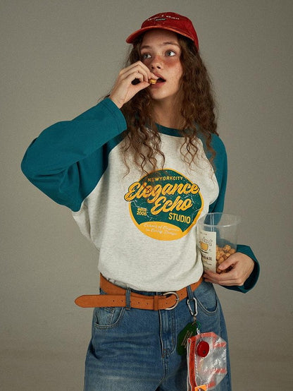 lulugray Retro Colorblock Letter Print Raglan Loose Women&