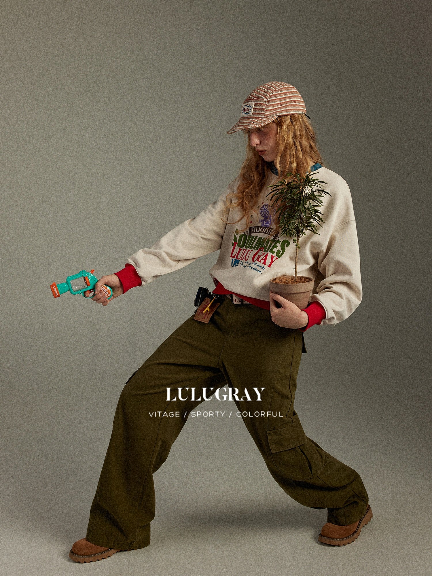 lulugray Retro Colorblock Print Ribbed Loose Fit Women&
