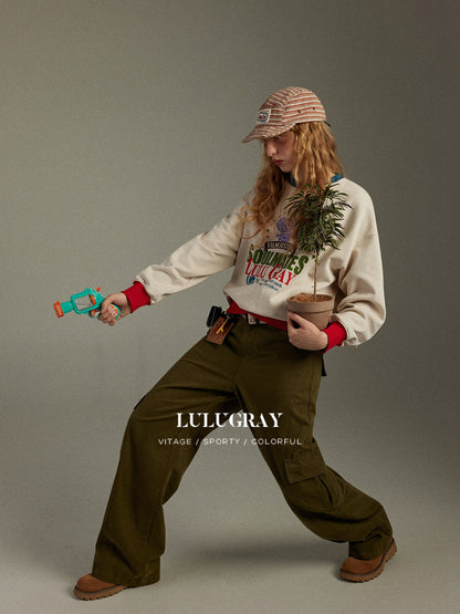 lulugray Retro Colorblock Print Ribbed Loose Fit Women&