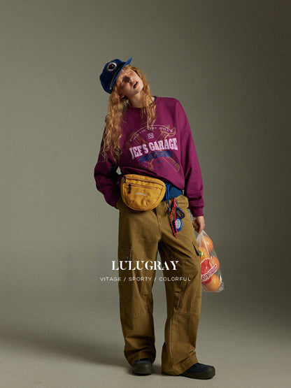 lulugray Retro Colorblock Printed Crewneck Loose Fit Long Sleeve Women&