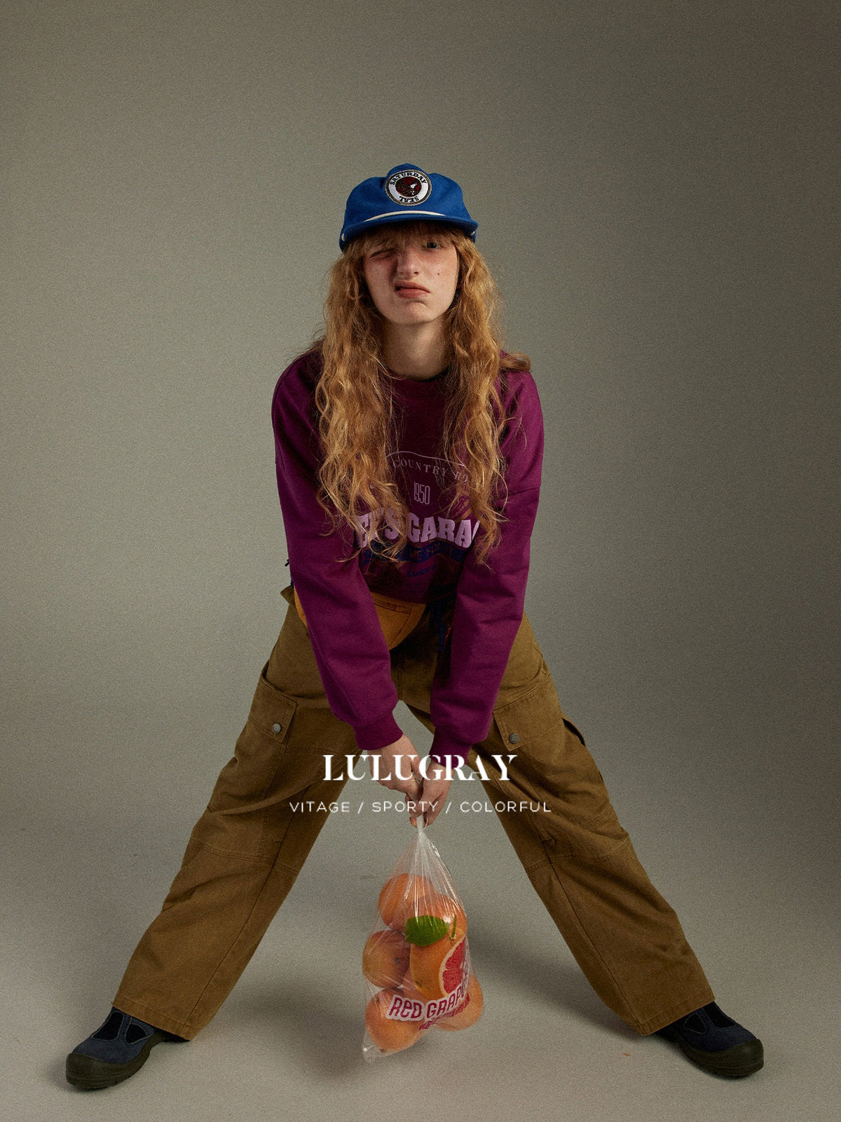 lulugray Retro Colorblock Printed Crewneck Loose Fit Long Sleeve Women&