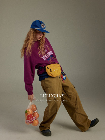 lulugray Retro Colorblock Printed Crewneck Loose Fit Long Sleeve Women&