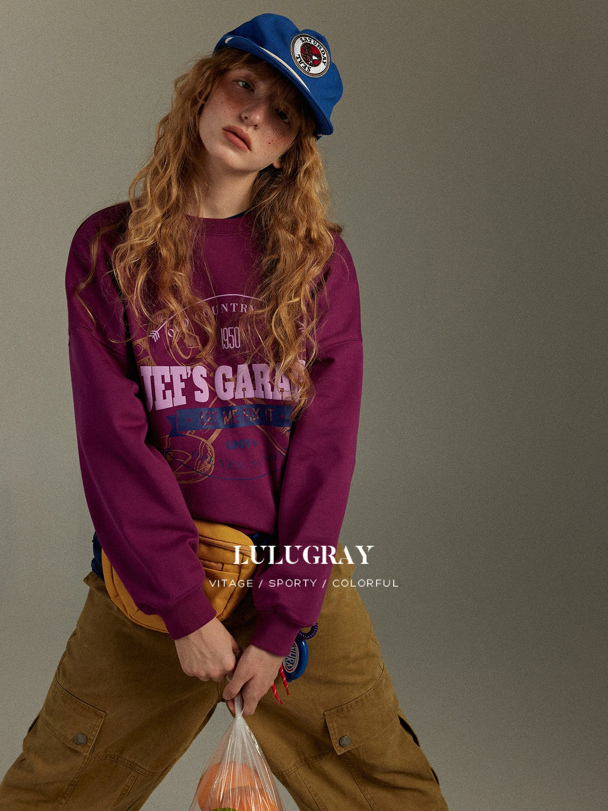 lulugray Retro Colorblock Printed Crewneck Loose Fit Long Sleeve Women&
