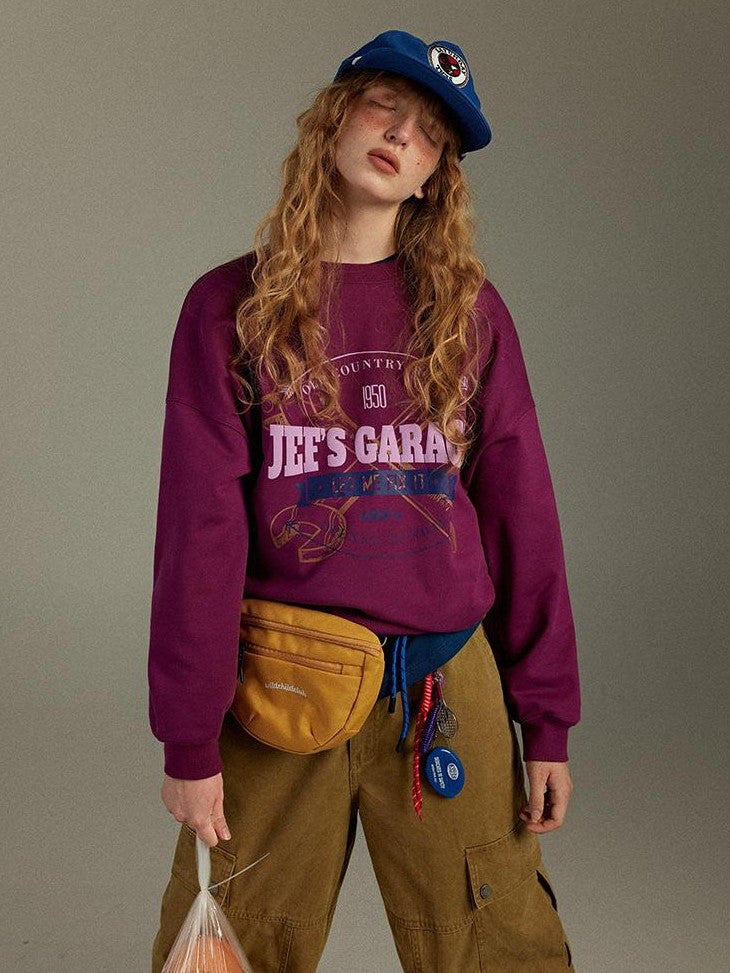 lulugray Retro Colorblock Printed Crewneck Loose Fit Long Sleeve Women&