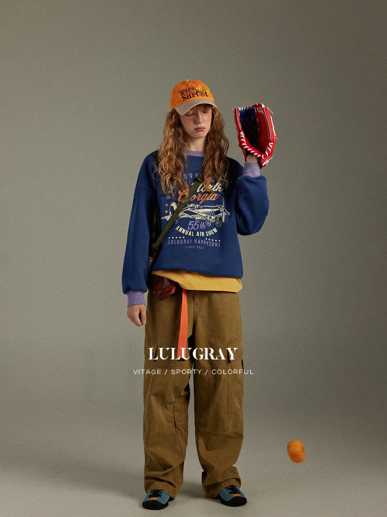 lulugray Retro Colorblock Round Neck Printed Loose Fit Women&