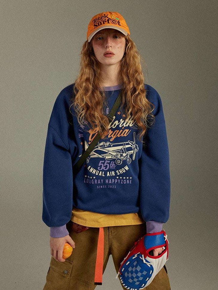 lulugray Retro Colorblock Round Neck Printed Loose Fit Women&