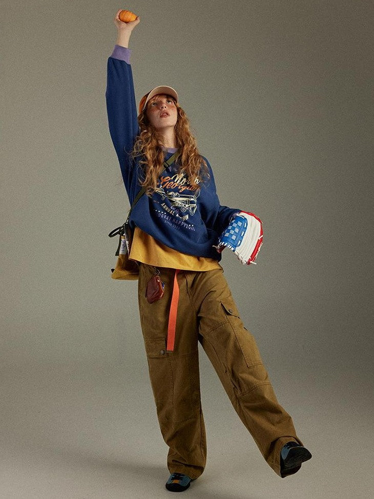 lulugray Retro Colorblock Round Neck Printed Loose Fit Women&