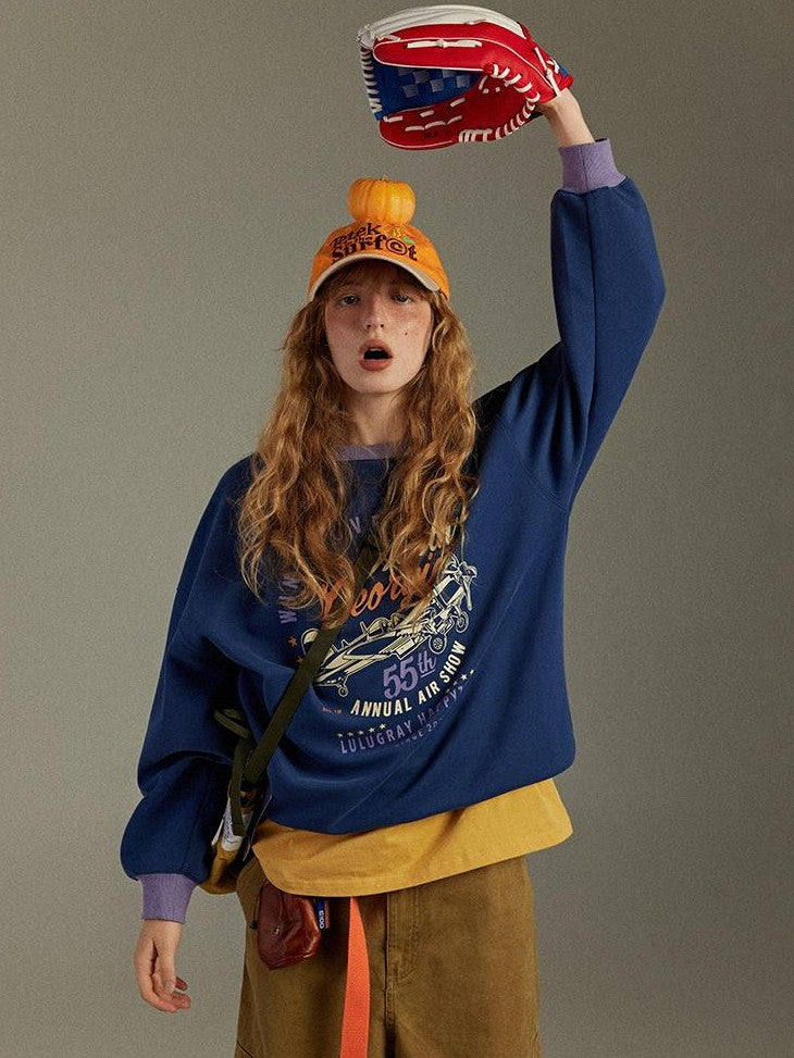 lulugray Retro Colorblock Round Neck Printed Loose Fit Women&