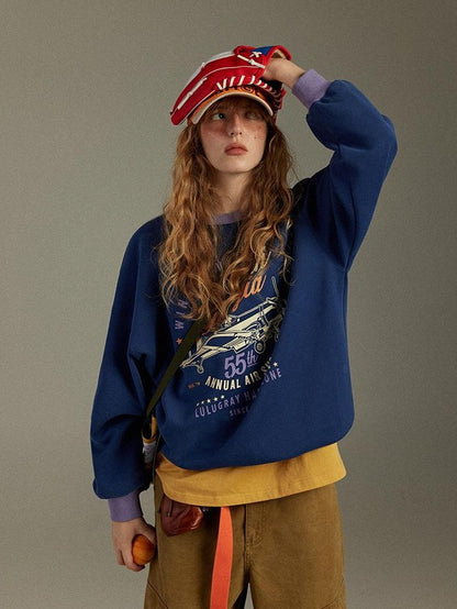 lulugray Retro Colorblock Round Neck Printed Loose Fit Women&