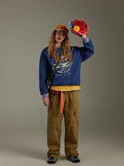 lulugray Retro Colorblock Round Neck Printed Loose Fit Women&