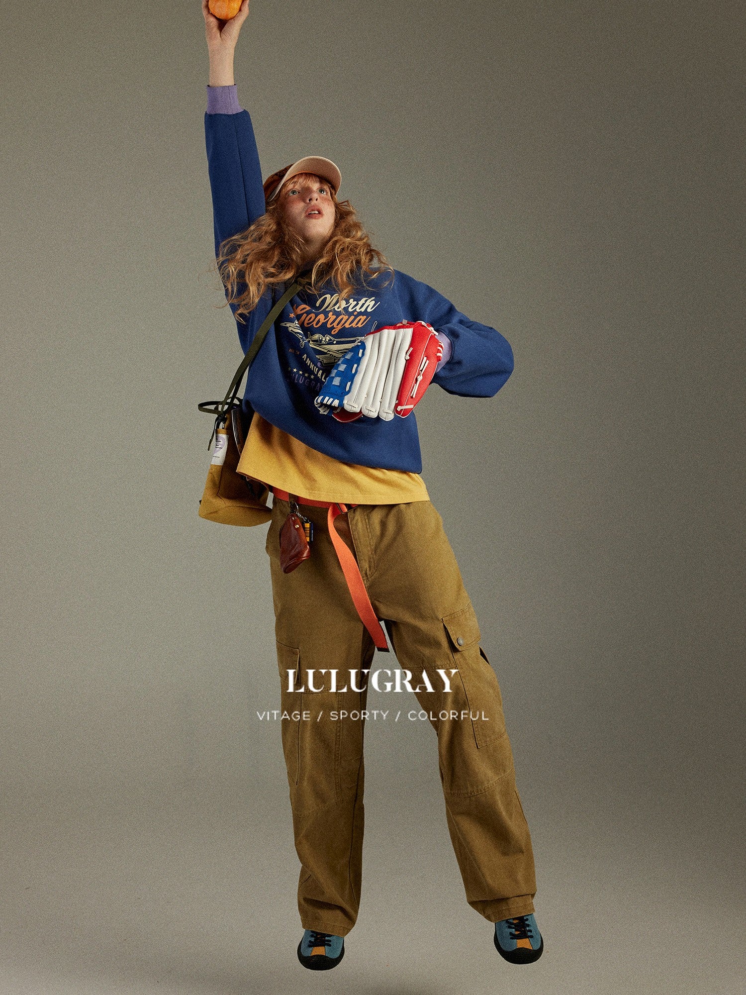 lulugray Retro Colorblock Round Neck Printed Loose Fit Women&
