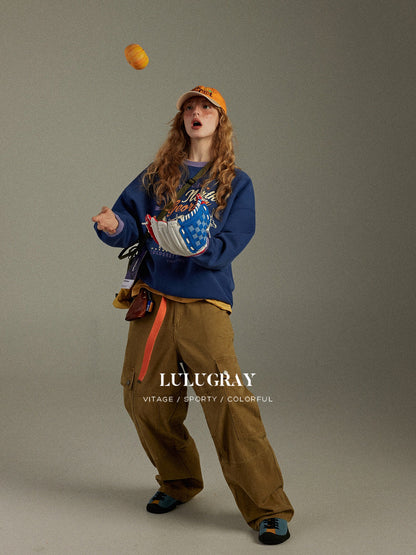 lulugray Retro Colorblock Round Neck Printed Loose Fit Women&