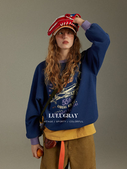 lulugray Retro Colorblock Round Neck Printed Loose Fit Women&