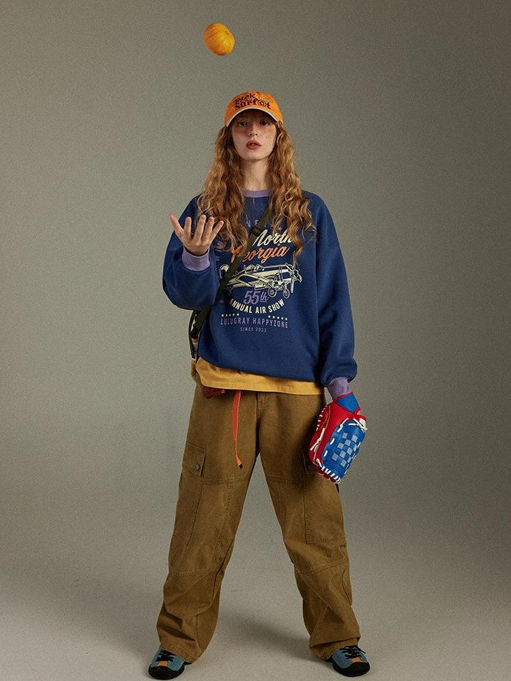 lulugray Retro Colorblock Round Neck Printed Loose Fit Women&