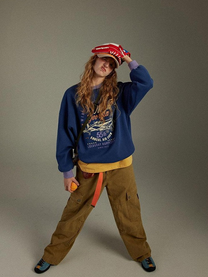 lulugray Retro Colorblock Round Neck Printed Loose Fit Women&