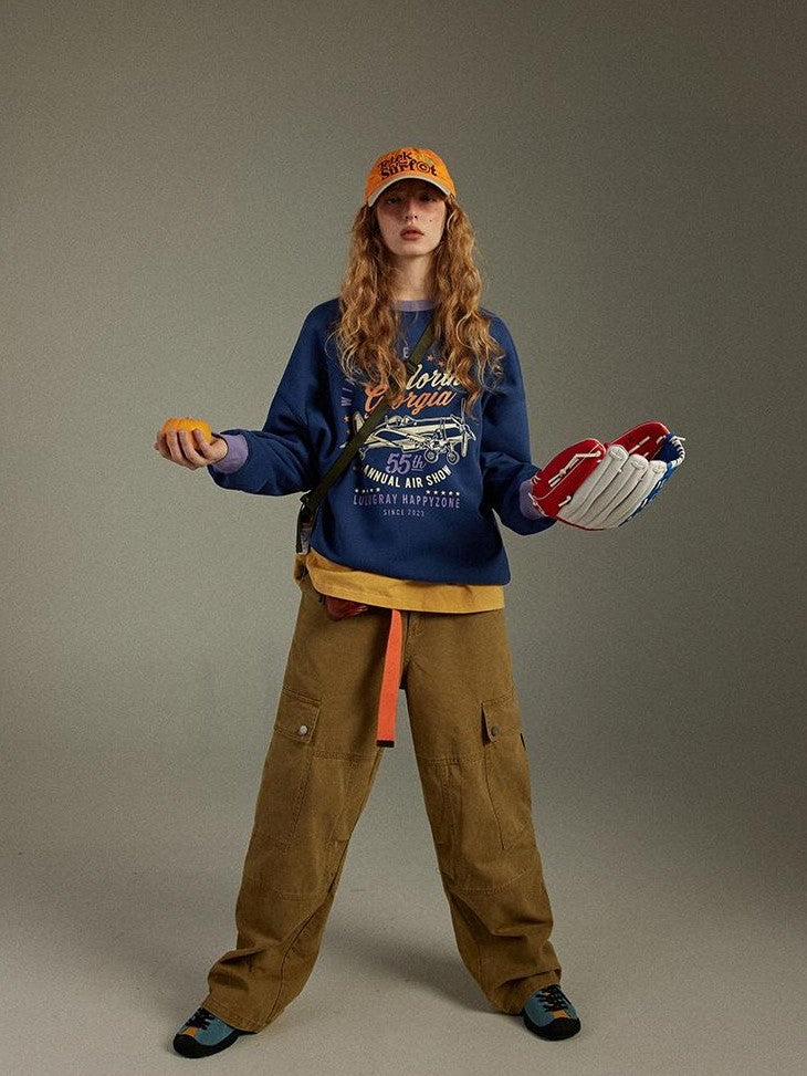lulugray Retro Colorblock Round Neck Printed Loose Fit Women&