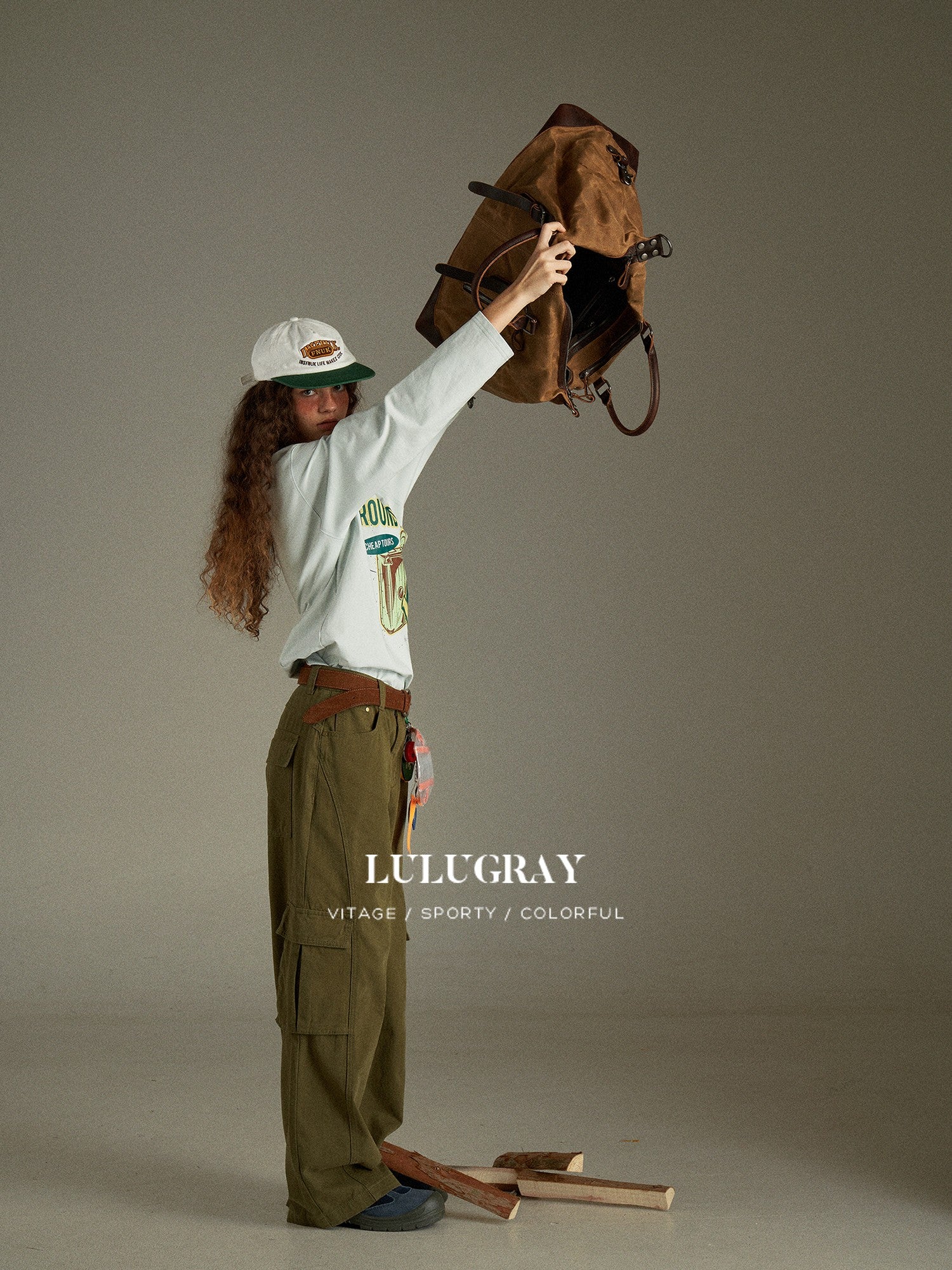 lulugray Retro Green Multi Pocket Cargo High Waist Women&