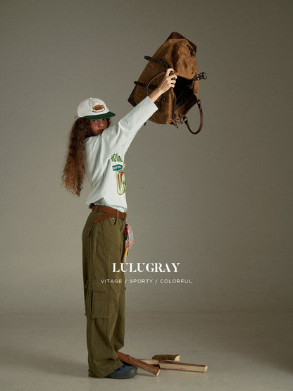 lulugray Retro Green Multi Pocket Cargo High Waist Women&