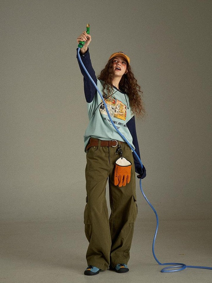 lulugray Retro Green Multi Pocket Cargo High Waist Women&
