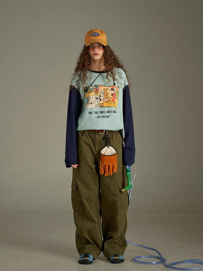 lulugray Retro Green Multi Pocket Cargo High Waist Women&