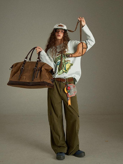lulugray Retro Green Multi Pocket Cargo High Waist Women&