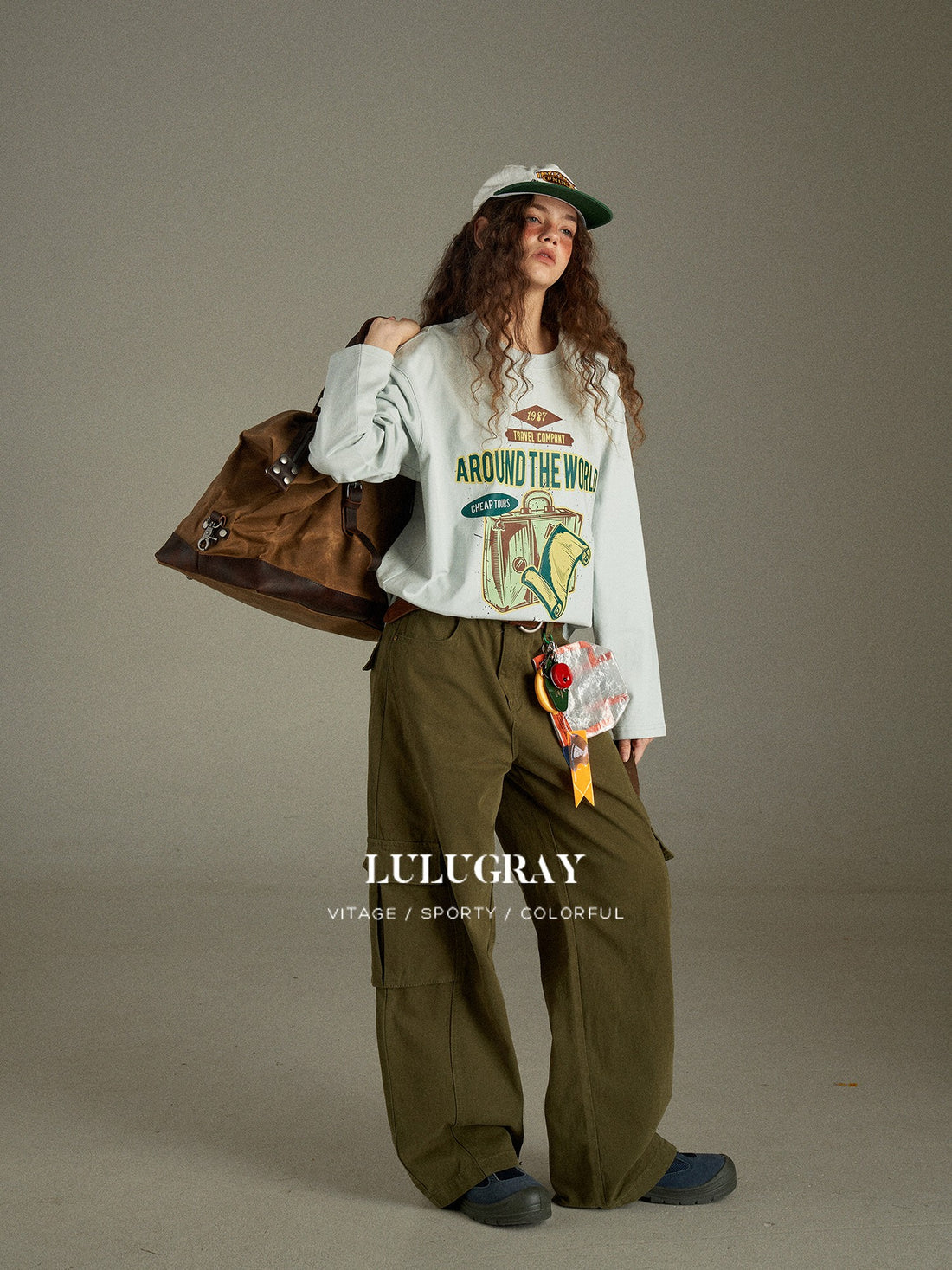 lulugray Retro Green Multi Pocket Cargo High Waist Women&