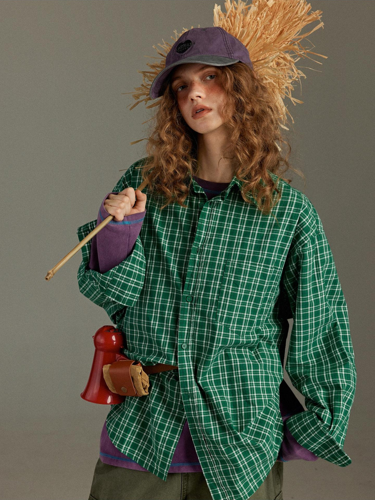 lulugray Retro Plaid Lapel Collar Long Sleeve Loose Fit Women&