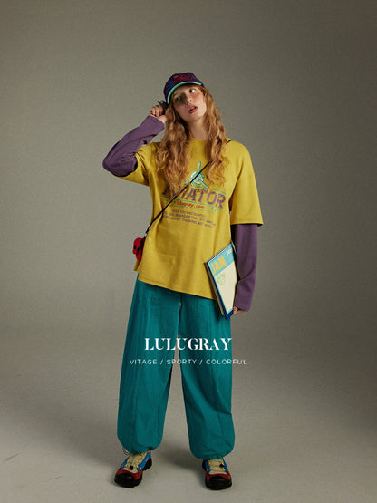 lulugray Retro Printed Colorblock Raglan Faux Two Piece Women&