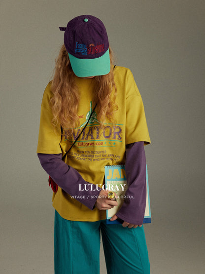 lulugray Retro Printed Colorblock Raglan Faux Two Piece Women&