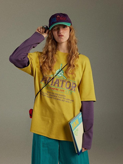lulugray Retro Printed Colorblock Raglan Faux Two Piece Women&