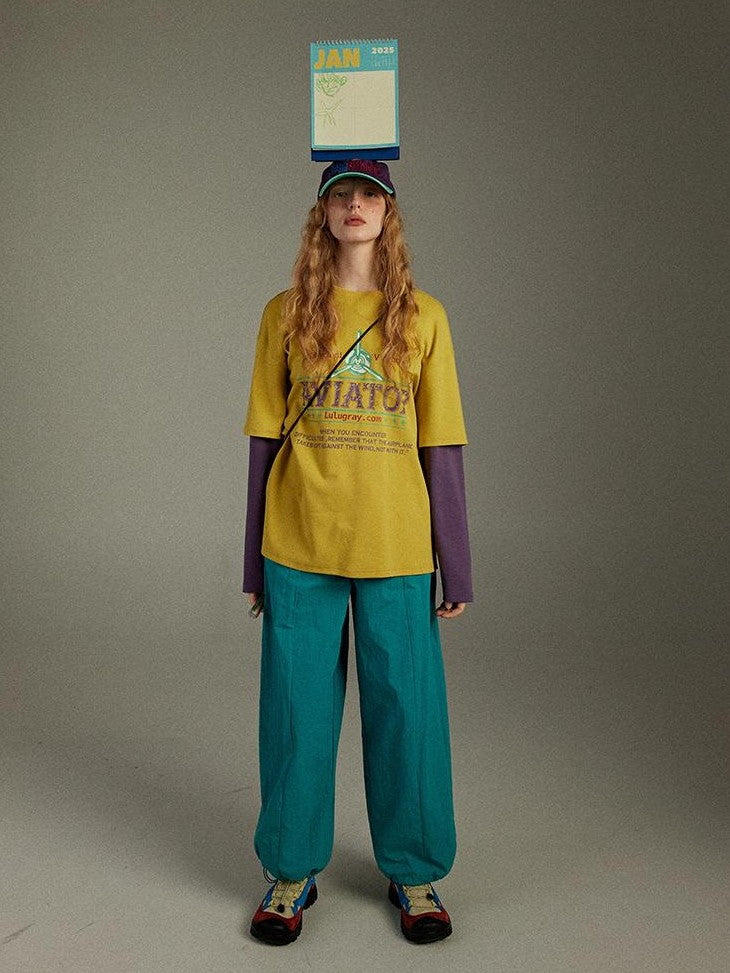 lulugray Retro Printed Colorblock Raglan Faux Two Piece Women&