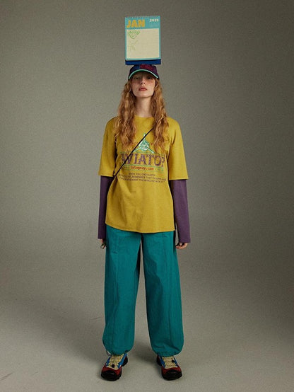 lulugray Retro Printed Colorblock Raglan Faux Two Piece Women&