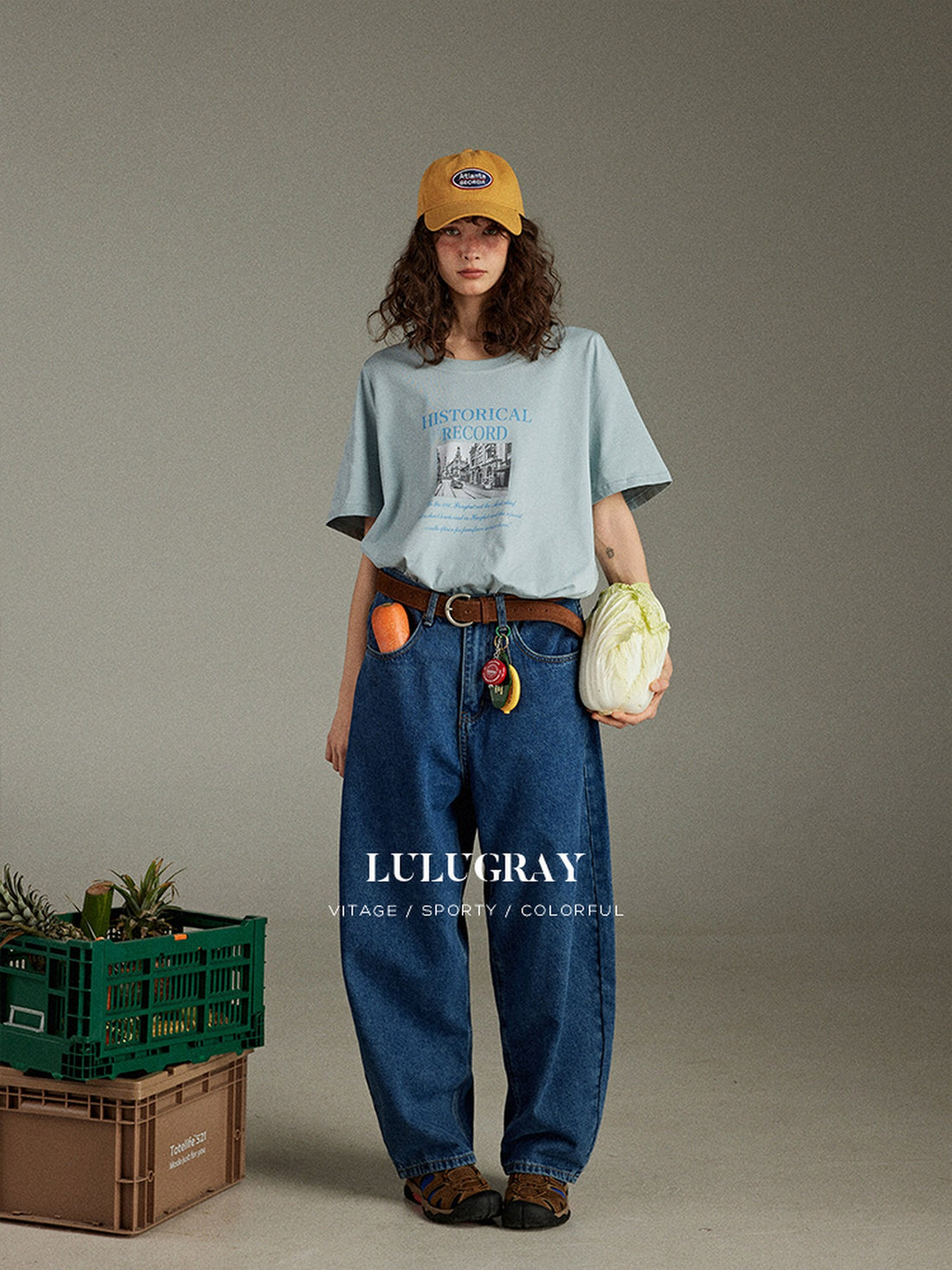 lulugray Retro Printed Graphic Crew Neck Loose Fit Women&