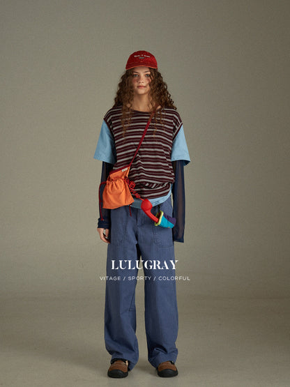 lulugray Retro Striped Colorblock Patchwork Layered Women&