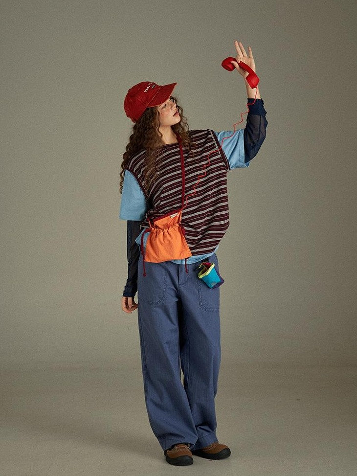 lulugray Retro Striped Colorblock Patchwork Layered Women&