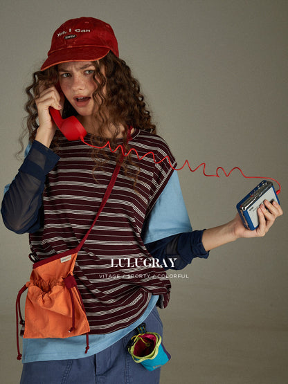 lulugray Retro Striped Colorblock Patchwork Layered Women&
