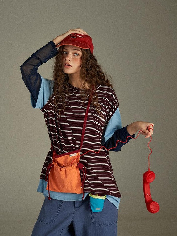 lulugray Retro Striped Colorblock Patchwork Layered Women&