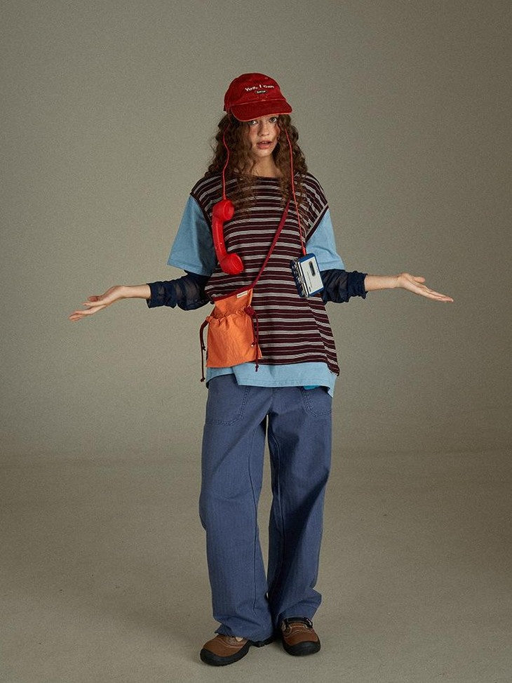 lulugray Retro Striped Colorblock Patchwork Layered Women&