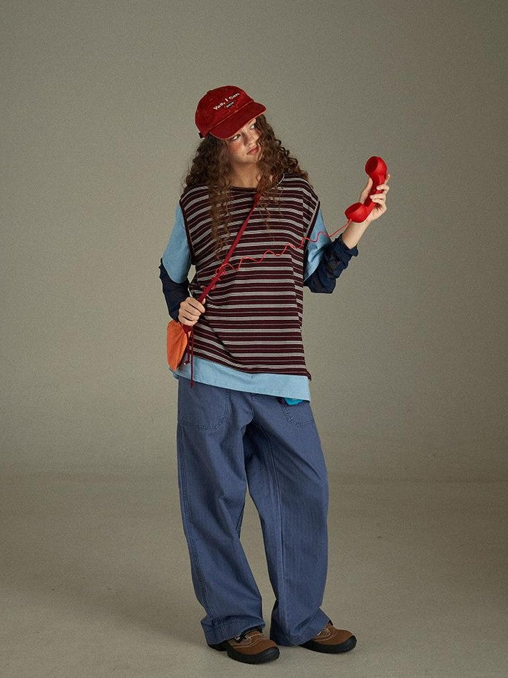 lulugray Retro Striped Colorblock Patchwork Layered Women&