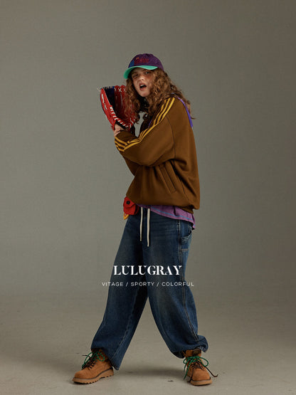 lulugray Side Stripe Print Fleece Lined Lapel Women&