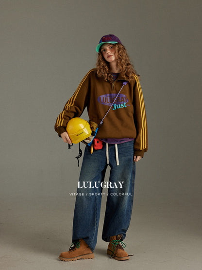 lulugray Side Stripe Print Fleece Lined Lapel Women&