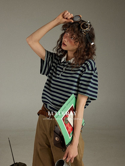 lulugray_Striped_Buttoned_Polo_Collar_Loose_Women&