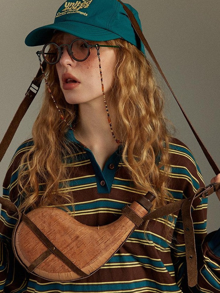lulugray Striped Colorblock Patchwork Polo Collar Women&