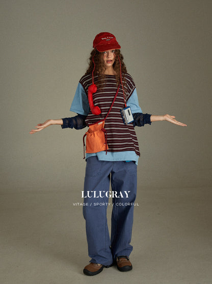 lulugray Vintage Blue High Waist Cargo Large Pocket Relaxed Women&