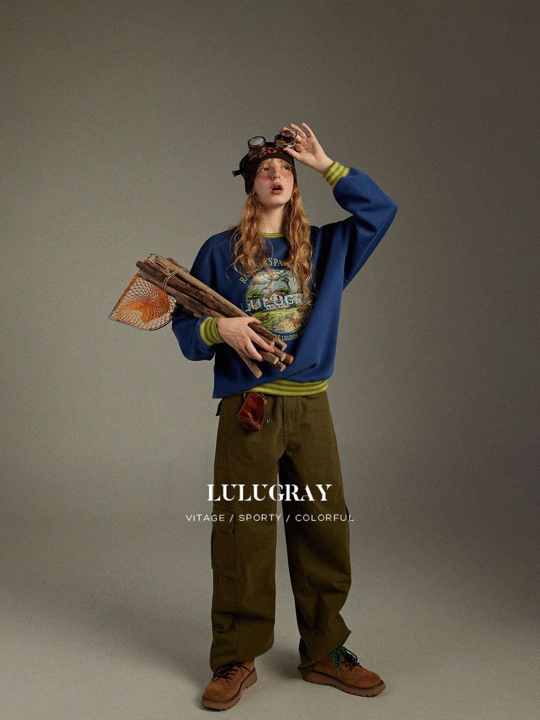 lulugray Vintage Cartoon Print Colorblock Ribbed Loose Fit Women&